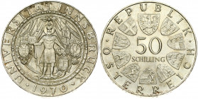 Austria 50 Schilling 1970 300th Anniversary - Innsbruck University. Obverse: Value within circle of shields. Reverse: 1673 University seal; date at bo...