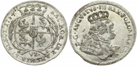 Poland 6 Groszy 1754 EC August III(1733-1763). Obverse: Large crowned bust right. Reverse: Crowned arms within sprigs; VI below. Silver. Kahnt 693