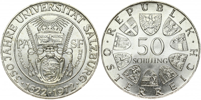 Austria 50 Schilling 1972 350th Anniversary of the Salzburg University. Obverse:...