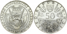 Austria 50 Schilling 1972 350th Anniversary of the Salzburg University. Obverse: Value within circle of shields. Reverse: Great seal of the University...