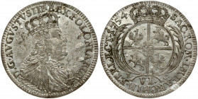 Poland 6 Groszy 1754 EC August III (1733-1763). Obverse: Large crowned bust right. Reverse: Crowned arms within sprigs; VI below. Silver. KM 155; Kahn...