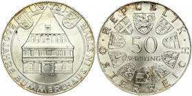Austria 50 Schilling 1973 500th Anniversary of the Bummerl House. Obverse: Value within circle of shields. Reverse: Bummerl House within circle; two s...