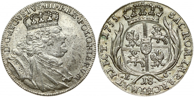 Poland 18 Groszy 1755 EC August III(1733-1763). Obverse: Large; crowned bust rig...