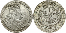 Poland 18 Groszy 1755 EC August III(1733-1763). Obverse: Large; crowned bust right. Obverse Legend: D • G • AUGVSTVS • III • REX • POLONIARUM. Reverse...