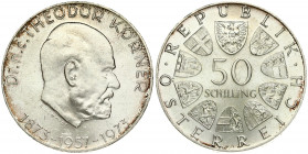 Austria 50 Schilling 1973 100th Anniversary of birth of Dr Thedor Koerner. Obverse: Value within circle of shields. Reverse: Head of Dr. Theodor Korne...