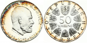 Austria 50 Schilling 1973 100th Anniversary - Birth of Dr Theodor Korner President. Obverse: Value within circle of shields. Reverse: Head of Dr. Theo...