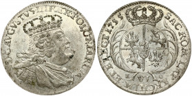 Poland 6 Groszy 1755 EC August III(1733-1763). Obverse: Large crowned bust right. Reverse: Crowned arms within sprigs; VI below. Silver. Kahnt 693