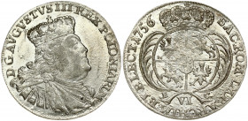 Poland 6 Groszy 1756 EC August III(1733-1763). Obverse: Large crowned bust right. Reverse: Crowned arms within sprigs; VI below. Silver. Kahnt 693