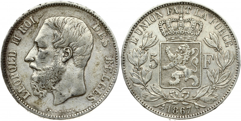 Belgium 5 Francs 1867 Leopold II(1865-1909). Obverse: Smaller head, engraver's n...