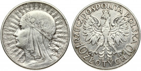 Poland 10 Zlotych 1932 Obverse: National arms flanked by value. Obverse Legend: RZECZPOSPOLITA POLSKA. Reverse: Radiant head of Queen Jadwiga left. Ed...