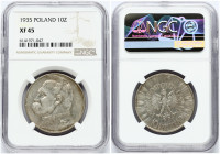 Poland 10 Zlotych 1935 (w) Obverse: Eagle with wings open with no symbols below. Reverse: Head of Jozef Pilsudski left. Edge Description: Reeded. Silv...