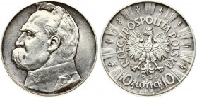 Poland 10 Zlotych 1936(w) Obverse: Eagle with wings open with no symbols below. Reverse: Head of Jozef Pilsudski left. Edge Description: Reeded. Silve...