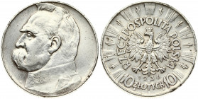 Poland 10 Zlotych 1936(w) Obverse: Eagle with wings open. Reverse: Head of Jozef Pilsudski left. Edge Description: Reeded. Silver. Scratches. Y 29