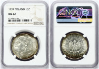 Poland 10 Zlotych 1939(w) Obverse: Eagle with wings open with no symbols below. Reverse: Head of Jozef Pilsudski left. Edge Description: Reeded. Silve...