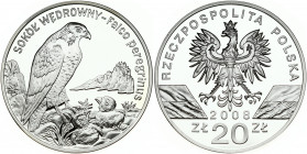 Poland 20 Zlotych 2008 Peregrine Falcon MW Obverse: National arms. Obverse Legend: RZECZPOSPOLITA POLSKA. Reverse: Peregrine Falcon by 2 chicks in nes...