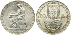 Portugal 20 Escudos 1953 25th Anniversary of Financial Reform. Obverse: Shield above globe; value at left; all within circle. Reverse: Seated figure f...