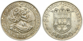 Portugal 50 Escudos 1968 500th Anniversary - Birth of Pedro Alvares Cabral; Navigator; Discoverer of Brazil. Obverse: Crowned shield. Reverse: Bust wi...