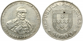 Portugal 50 Escudos 1969 100th Anniversary - Birth of Marechal Carmona; President. Obverse: Shield. Reverse: Uniformed bust 3/4 right. Silver. KM 599