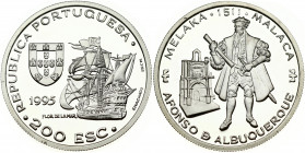 Portugal 200 Escudos 1995 Afonso de Albuquerque and Malacca. Obverse: Portuguese coat of arms; and to the right; the Flor de la Mar; ship commanded by...