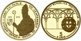 Portugal 5 Euro 2005 800th Anniversary of the Birth of Pope John XXI. Obverse: National arms at lower right, archways in background. Obverse Legend: R...