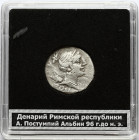 Roman Empire 1 Denarius A Albinus (96 BC) Rome mint. Obverse: Diana diademed and draped bust to right; ROMA below; bow and quiver behind. Reverse: Thr...