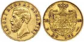 Romania 20 Lei 1883B Carol I(1866-1914). Obverse: Head left. Obverse Legend: CAROL I REGE (King). Reverse: Crowned arms with supporters within crowned...