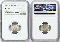 Romania 50 Bani 1914 Carol I(1866-1814). Obverse: Head left. Reverse: Crown above design. Edge Description: Reeded. Silver. KM 41. NGC MS 64