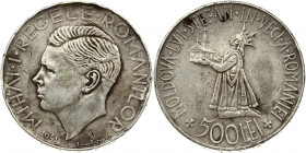 Romania 500 Lei 1941 Bessarabia Reunion. Mihai I (1927-1947). Obverse: Young head left. Reverse: Crowned kneeling figure presenting putna monastery to...