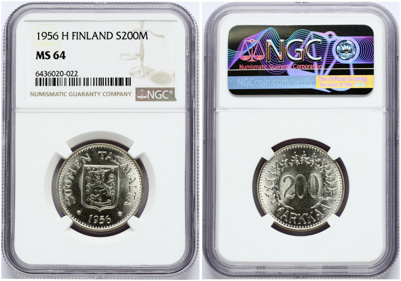 Finland 200 Markkaa 1956 H Obverse: Shielded arms above date. Reverse: Denominat...