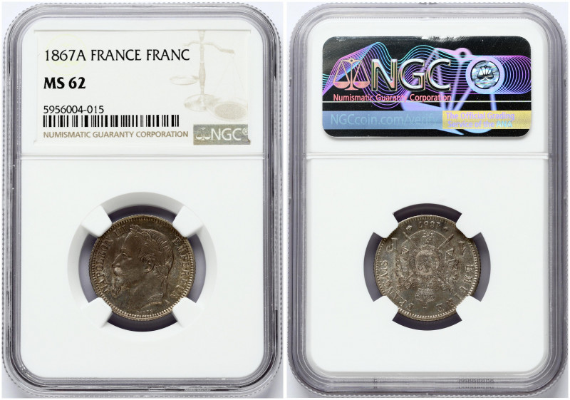 France 1 Franc 1867 A Napoleon III(1852-1870). Obverse: Laureate head left. Obve...