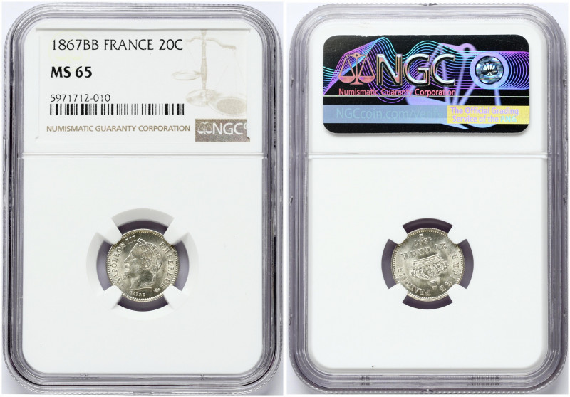 France 20 Centimes 1867 BB Napoleon III(1852-1870). Obverse: Laureate head left....