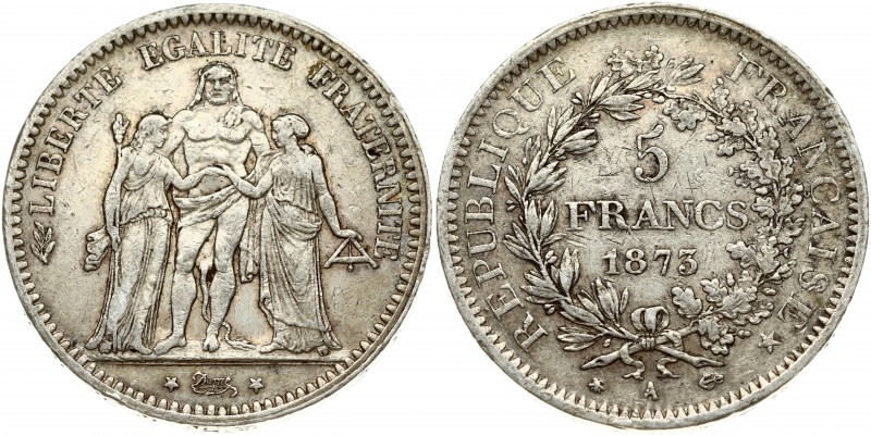 France 5 Francs 1873A Obverse: Hercules group. Reverse: Denomination within wrea...