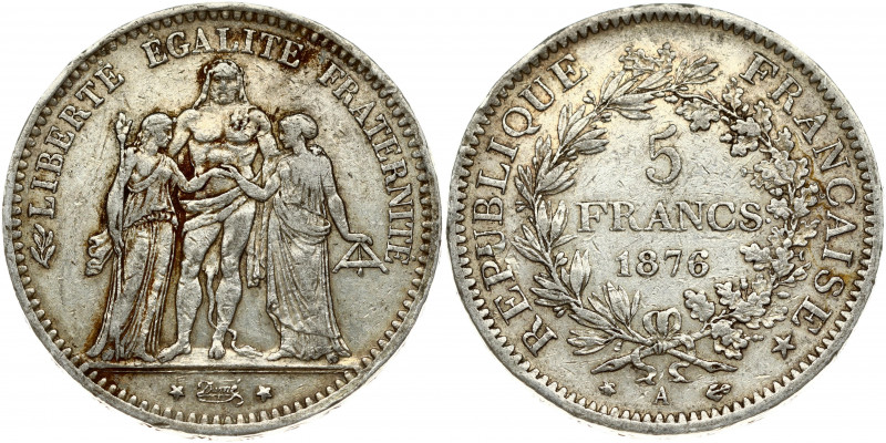 France 5 Francs 1876A Obverse: Hercules group. Reverse: Denomination within wrea...