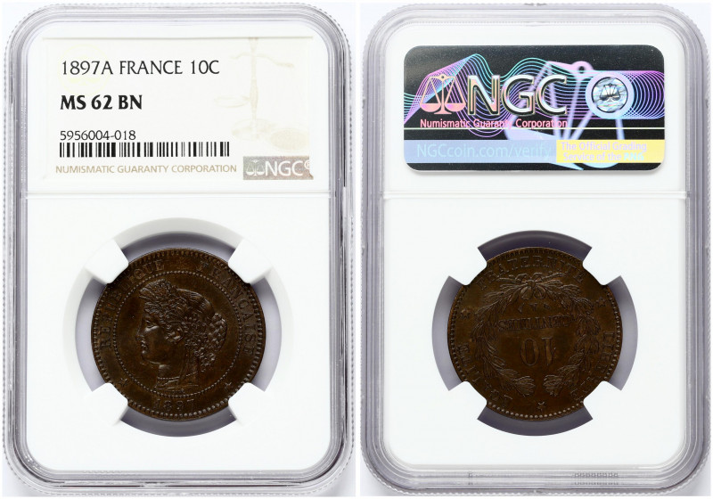 France 10 Centimes 1897 A Obverse: Laureate head left. Reverse: Denomination wit...