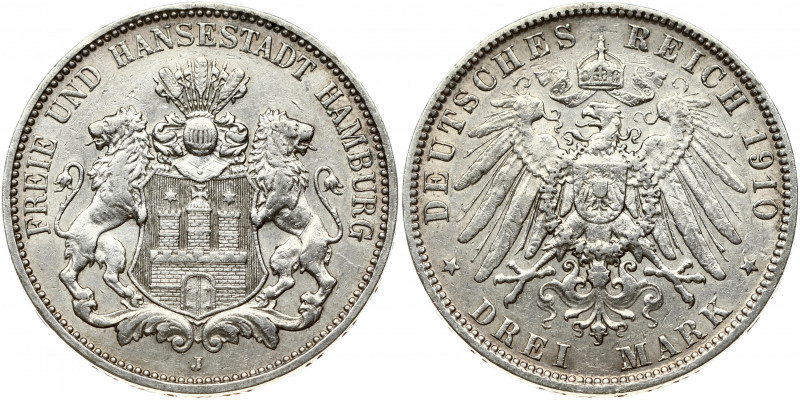 Germany Hamburg 3 Mark 1910 J Obverse: Three tower castle on helmeted shield wit...