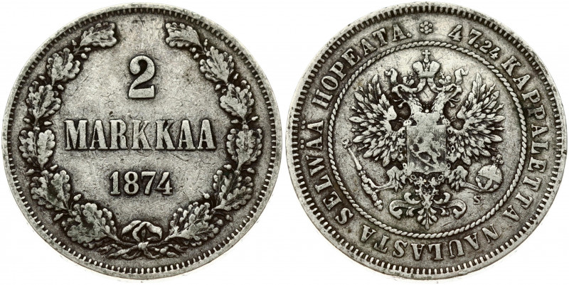 Russia For Finland 2 Markkaa 1874 S Alexander II (1854-1881). Obverse: Crowned i...