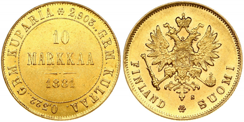 Russia for Finland 10 Markkaa 1881 S Alexander II (1854-1881). Obverse: Crowned ...