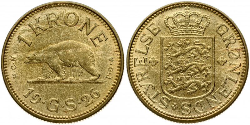 Greenland 1 Krone 1926(h) HCN GJ Obverse: Crowned arms of Denmark. Obverse Legen...