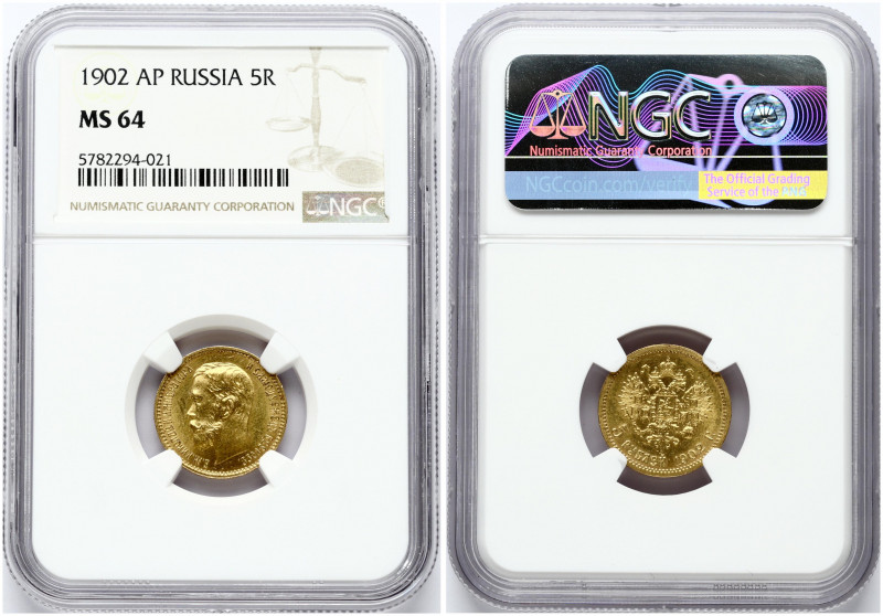 Russia 5 Roubles 1902 (AP) St. Petersburg. Nicholas II (1894-1917). Obverse: Hea...