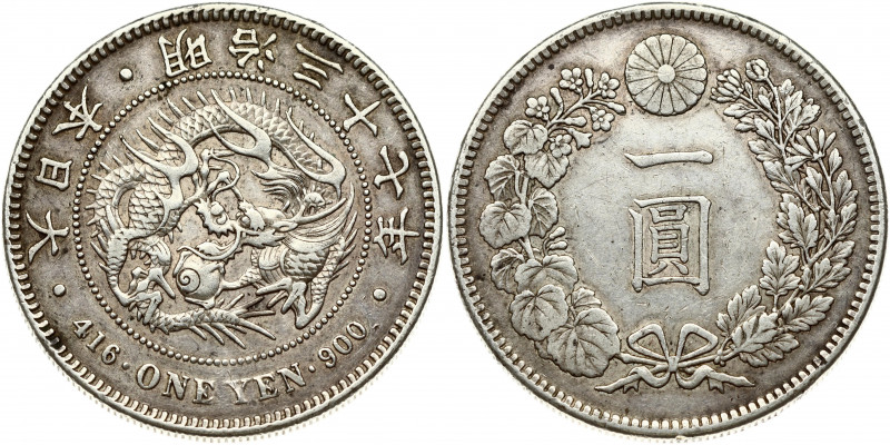 Japan 1 Yen 1904 (37) Meiji (1867-1912). Obverse: Dragon within beaded circle; l...