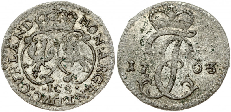 Latvia Courland 1 Grosz 1763 ICS Ernst Johann Biron(1763-1769). Obverse: Crowned...