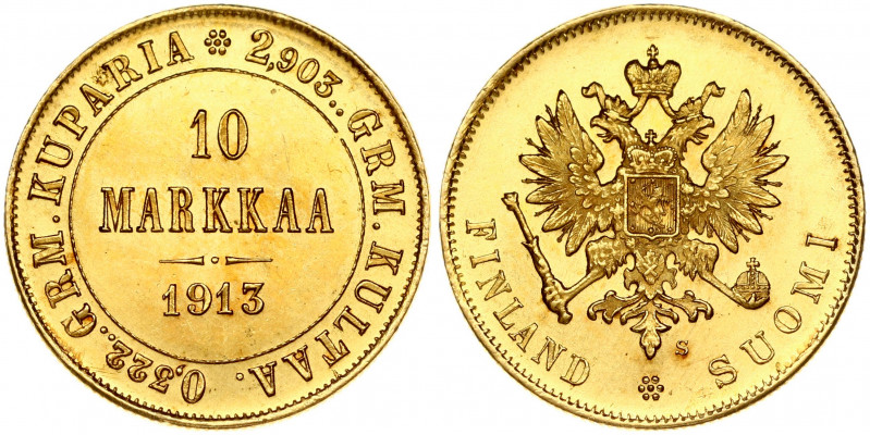 Russia for Finland 10 Markkaa 1913 S Nicholas II (1894-1917). Obverse: Crowned i...