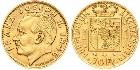 Liechtenstein 10 Franken 1946B Prince Franz Josef II(1938-1989). Obverse: Head left. Reverse: Crowned shield within stars. Gold 3.22 g. Y 13