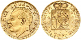 Liechtenstein 10 Franken 1946B Prince Franz Josef II(1938-1989). Obverse: Head left. Reverse: Crowned shield within stars. Gold 3.22g. Y 13