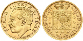 Liechtenstein 20 Franken 1946B Prince Franz Josef II(1938-1989). Obverse: Head left. Reverse: Crowned shield within stars. Gold 6.43 g. Y 14