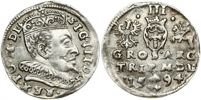 Lithuania 3 Groszy 1594 Vilnius. Sigismund III Vasa (1587-1632) Obverse: Crowned...