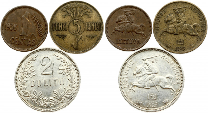 Lithuania 1 & 5 Centai & 2 Litų (1925-1936). Obverse: National arms. Reverse: De...