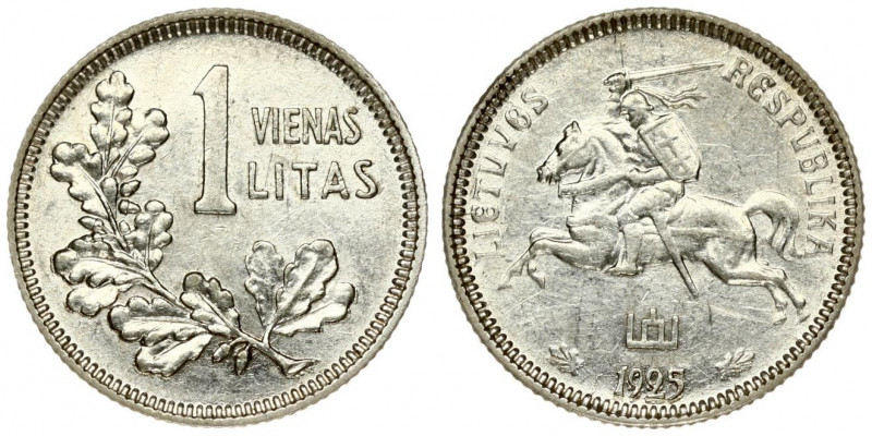 Lithuania 1 Litas 1925 Obverse: National arms. Reverse: Value above oak leaves. ...