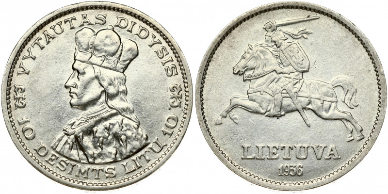 Lithuania 10 Litų 1936 Obverse: National arms. Reverse: Vytautas the Great left....