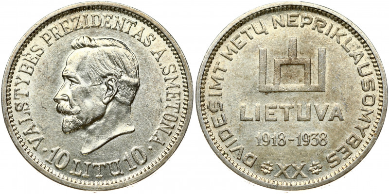 Lithuania 10 Litų (1918-1938) 20th Anniversary of Republic. Obverse: Columns of ...